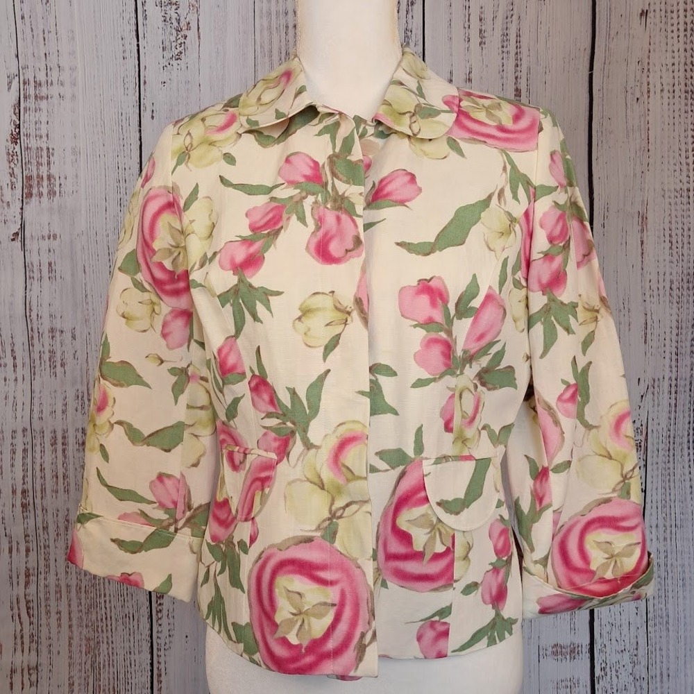 Vintage Ann Taylor LOFT 4 Rose Floral‎ Linen Blend Cropped Blazer Garden Party